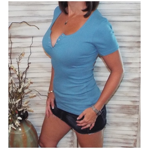 Henley Ribbed Short Sleeve Top Blue 1318 - Picture 3 of 5